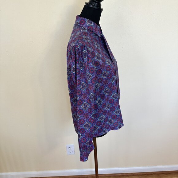 Vtg Womens Purple Blouse Large Purple Geometric Button Up Neck Tie 1980s Poly - Picture 11 of 12
